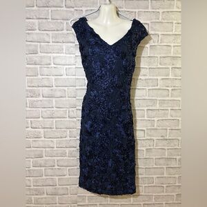 Alex Evenings Navy Floral Appliqué V-Neck Midi Dress size 16